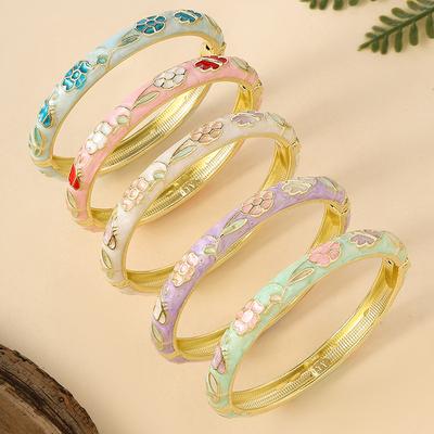 [Ethnic Light Luxury Retro Cloisonne Open Bangle Bracelet with Chinese Pattern Flowers Enamel Design]