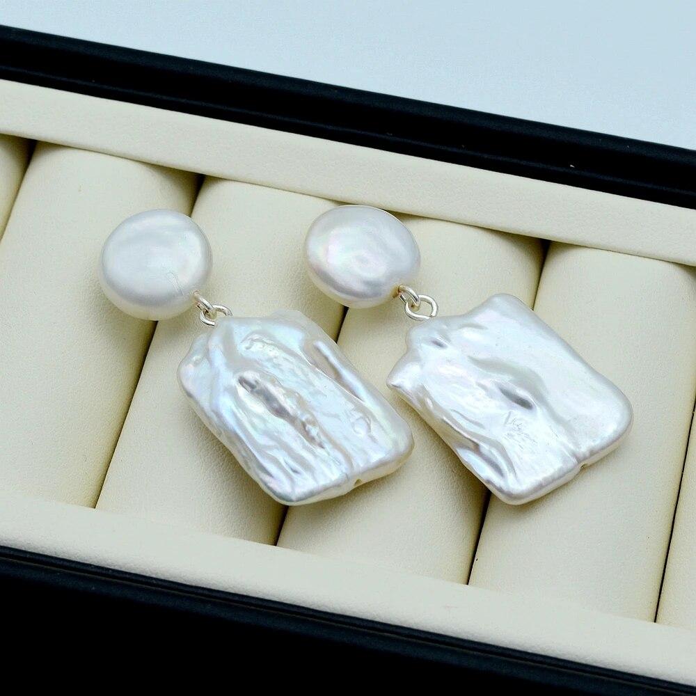 Women's Earrings White Large Square Pearl Design Earrings Baroque Pendant Double Beads Vintage Pearl Earrings
