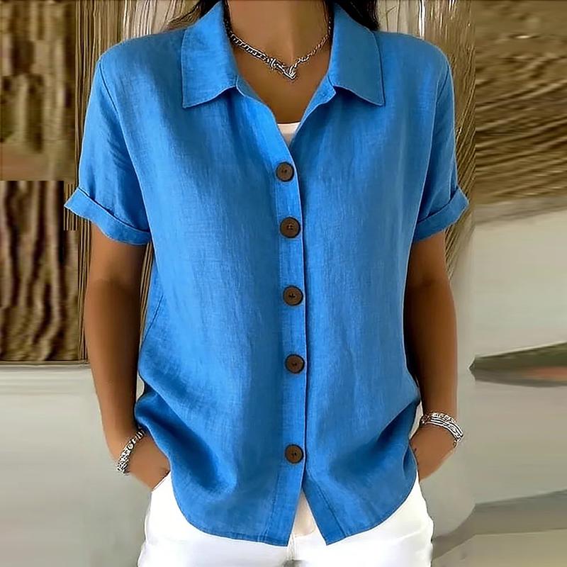 Women's Elegant Summer Cotton Linen Tops Short Sleeve Lapel Button Up Solid Color Loose Shirt Women Casual Blouse Cardigan Tops