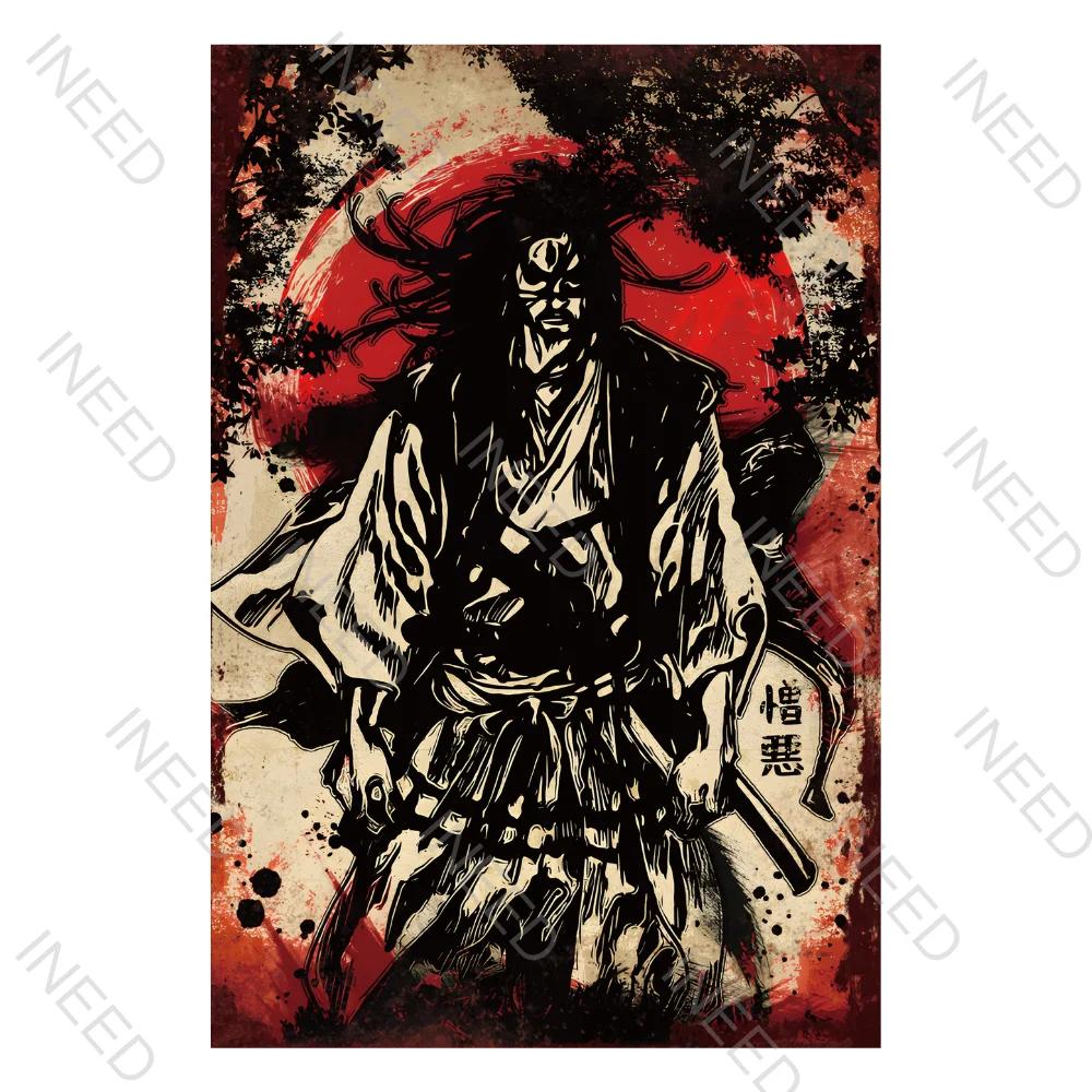 Japanischer Samurai Vintage Metallplatte Wohnzimmer Dekoration Gemälde Metall Wandkunst Plakette Retro Blechschild Bar Pub Heimdekor