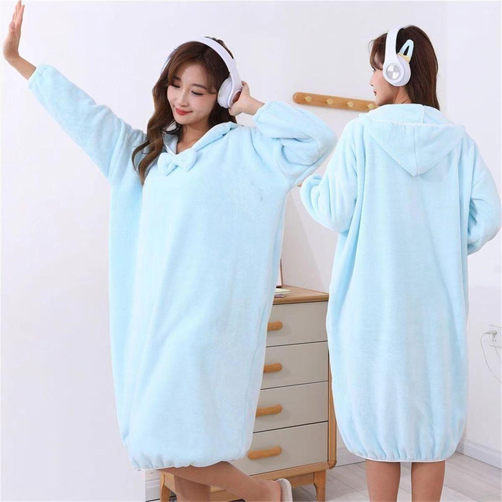 Winter Wearable Ladies' Hooded Coral Fleece Bathrobe - Absorbent, Thick, Soft Long-Sleeve Bath Skirt