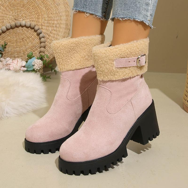 New Large-sized Women's Shoes with Belt Buckles, Thick Heels and Warm Flip-over Snow Boots