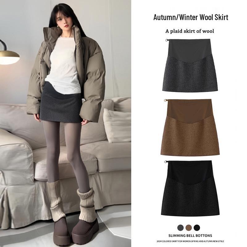 Grey Wool A-Line Maternity Skirt - Slimming Petite Plus, Hip-Hugging, Thick, for Spring, Autumn & Winter 2025. L