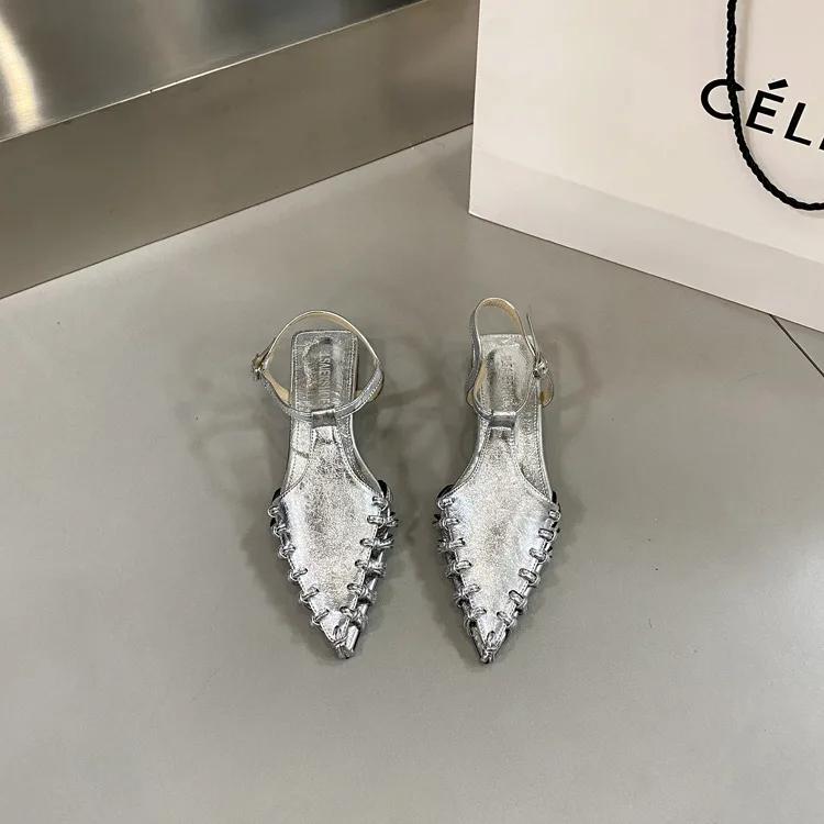 Women's Flat Sandals Pointed Toe Weaving Hollow Leaking Heel Shoes Women Daily Summer French DressTemperament Designer Sandals
