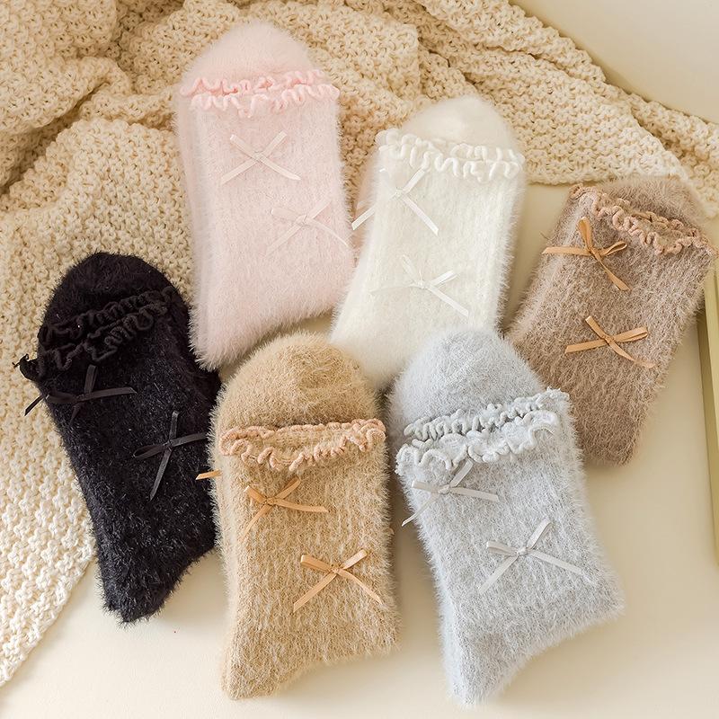 Ladies Autumn and Winter Thickened Velvet Warm Lovely Sweet Bow Lace Mid Tube Socks