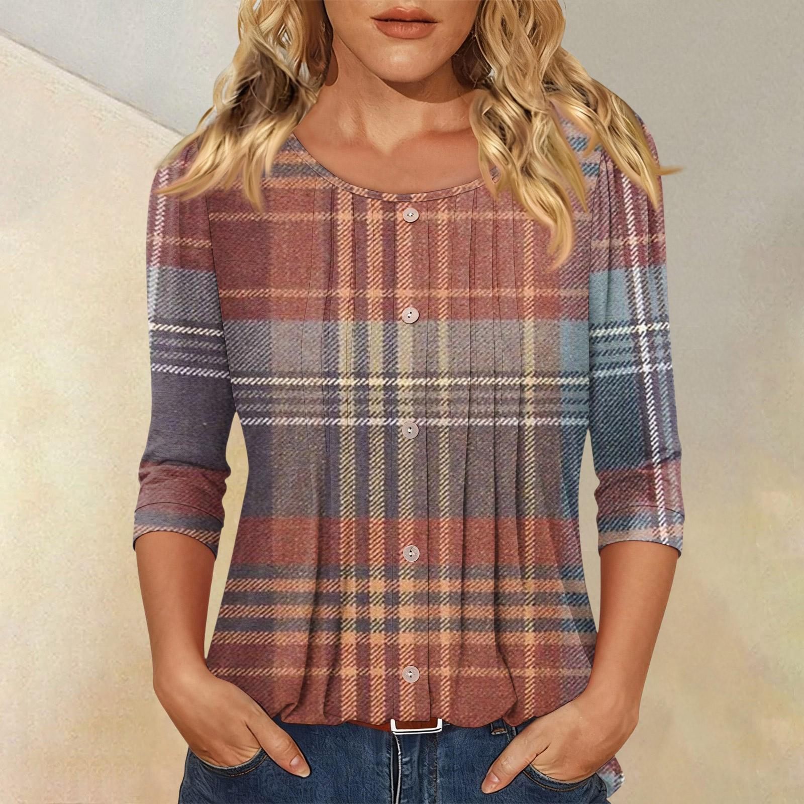 

Women s Fashionable Casual Three,quarter Sleeve Button Plaid Striped Print Round Neck Top L винний