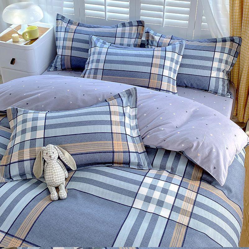 Vierteiliges Bettwäsche-Set, Bettwäsche, Gewaschene Baumwolle Sandgestrahlt Verdickter Bettbezug, Stepplaken, Studentenwohnheim Einzelbettbezug Dreiteiliges Set
