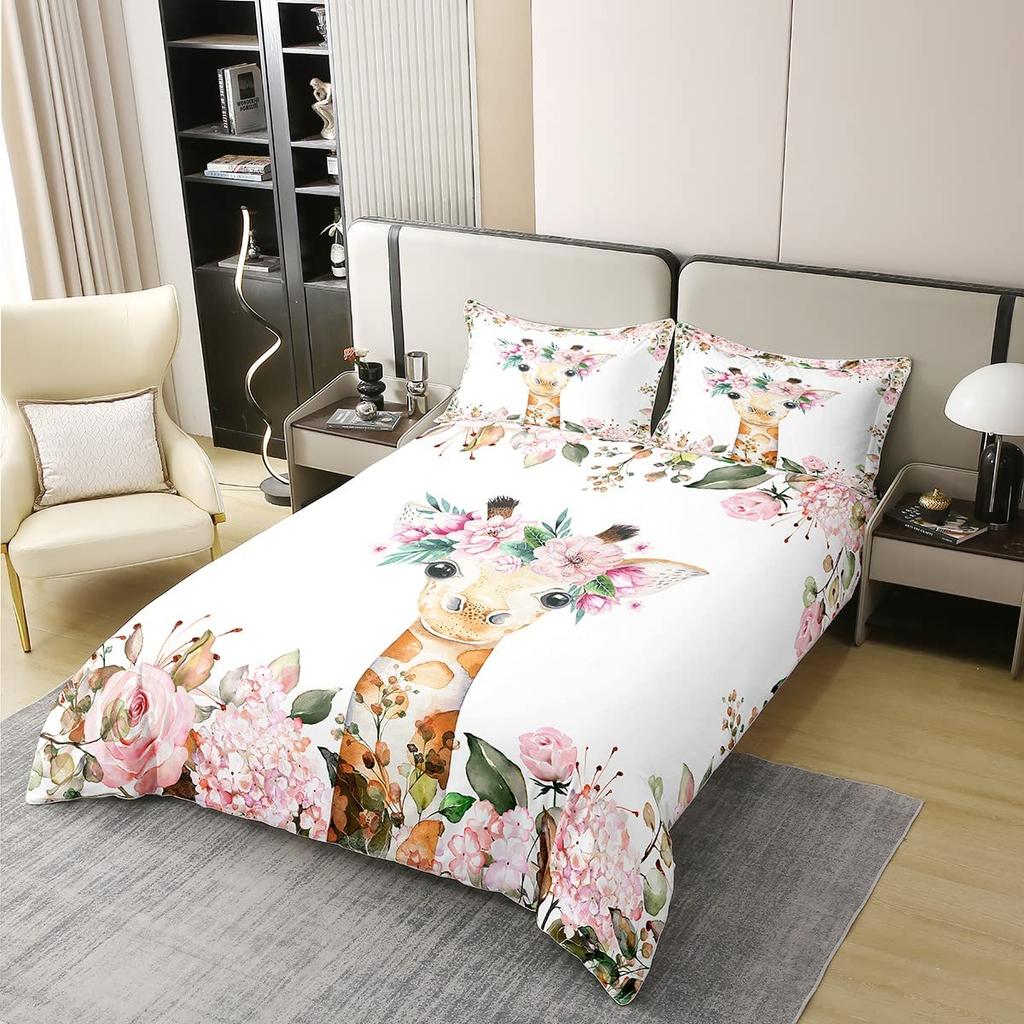 Lovely Girafe Soft Duvet Cover Set Children Kids Carton Animal Warm Comforter Cover Set Young Boys Young Girls Bedrom Decor Floral Single Quen Beding