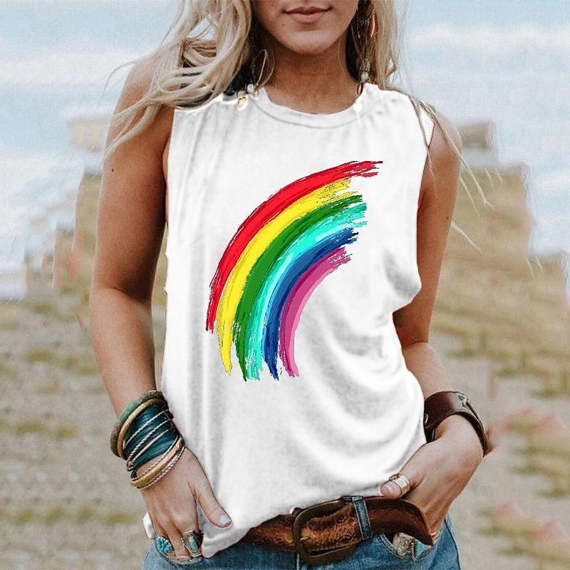 Canottiere Arcobaleno Estive Stampa 3D Donna Moda Casual Streetwear Oversize Scollo a O Canotta Senza Maniche Spalle Scoperte Donna Canottiera