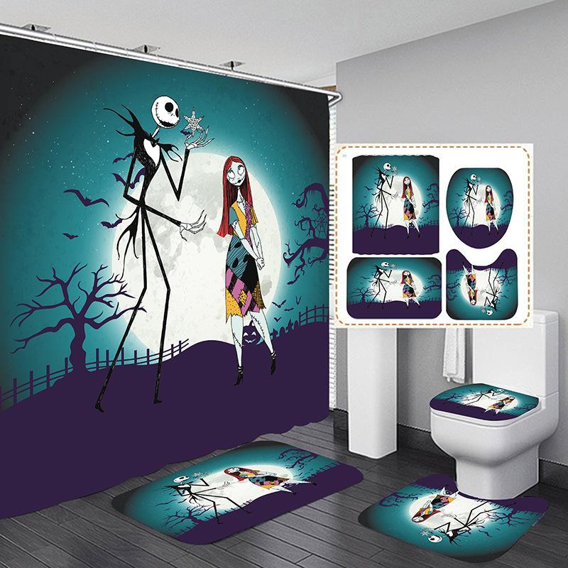 Shower Curtain 4-Piece Curtain Bathroom Non-Punching Shower Curtain Set, Halloween 3D Printed Shower Curtain