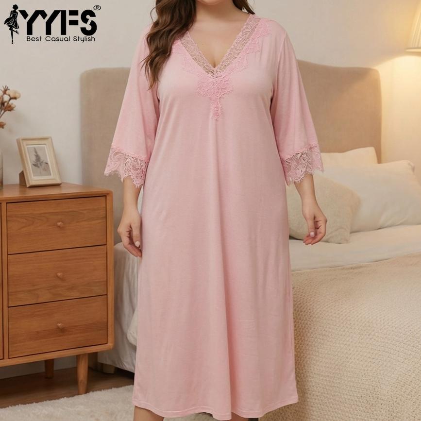 YYFS Women's Fashion Summer Spring Solid Color Print 1/2 Sleeves V‑Neck Loose Casual Nightgown