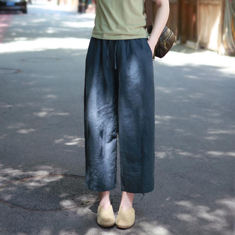 

Spring & Fall Retro Plus Size Linen Harem Pants - Elastic Waist, Loose Fit, Cropped Women s Casual Wear Medium синий/аспидный