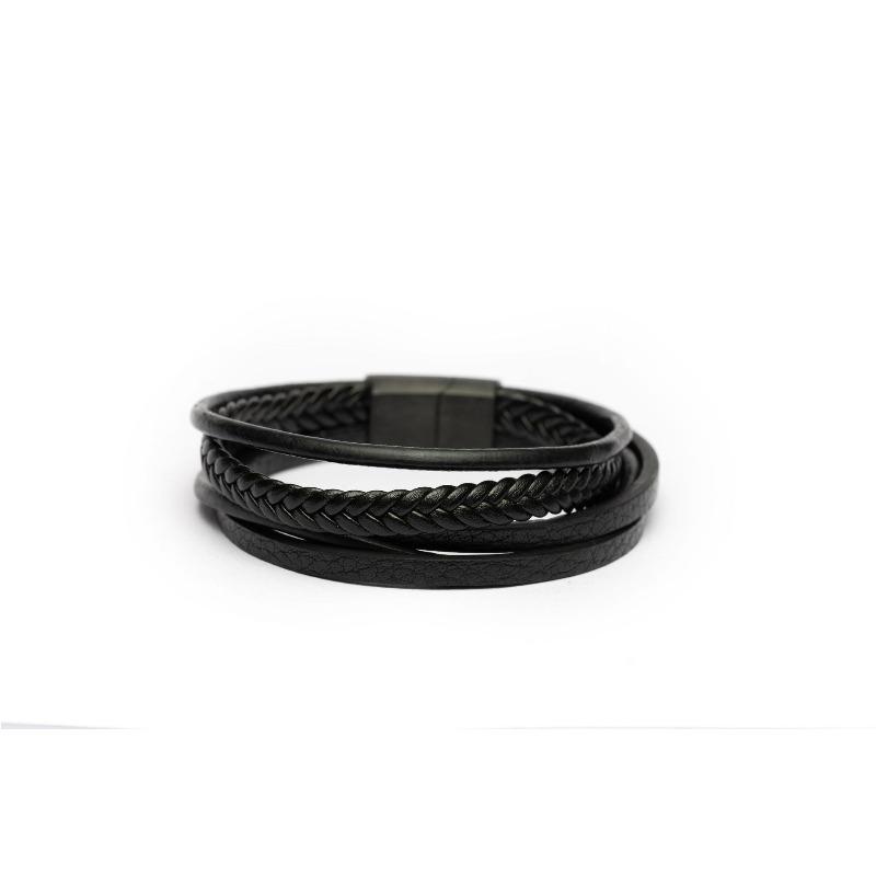 Multi-layer braided bracelet for men - genuine leather & stainless steel cord