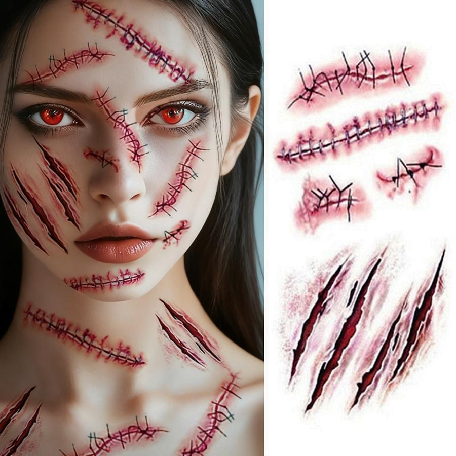 5 sztuk Halloweenowe Zombie Blizny Tymczasowe Tatuaże, Realistyczne Naklejki Blizny Fałszywych Ran na Halloweenowy Kostium Makijaż, Cosplay, Dekoracje Imprezowe