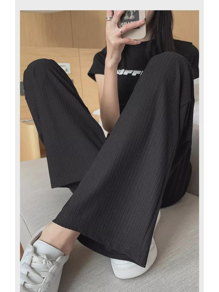 Women's Ice Silk Pleated Wide-Leg Pants with Pockets, Slim Fit, Spring Collection