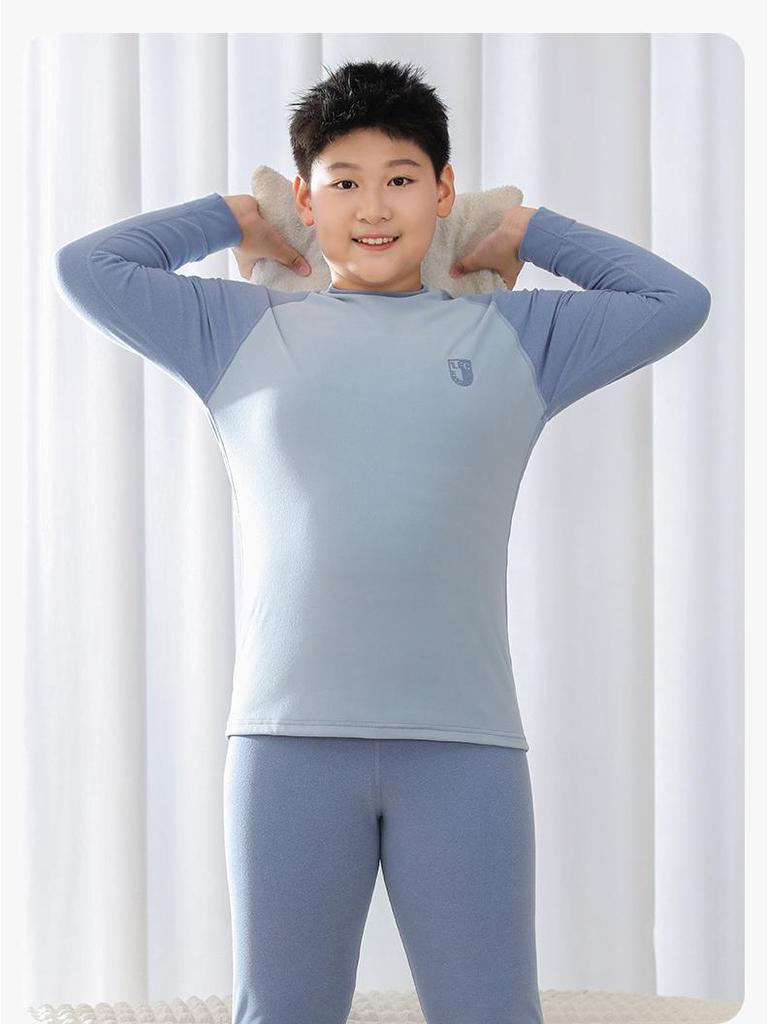 Cozy Kids' Patchwork Thermal Set: Antibacterial Boys' & Girls' Underwear and Pajamas for Autumn & Winter