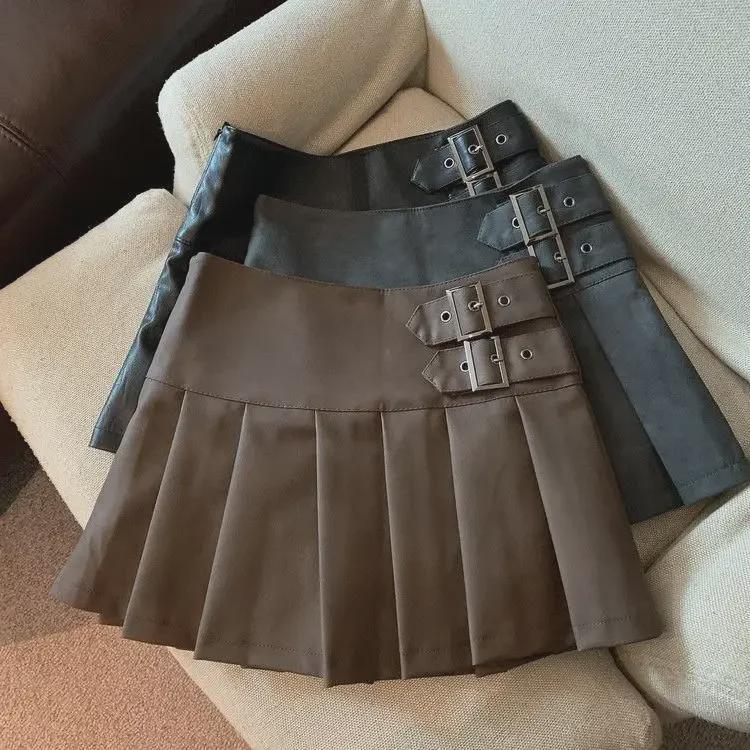 Women's Brown Leather A-Line Skirt: 2024 Autumn, High-Waist, Slim, Pleated, Fashionable PU Design