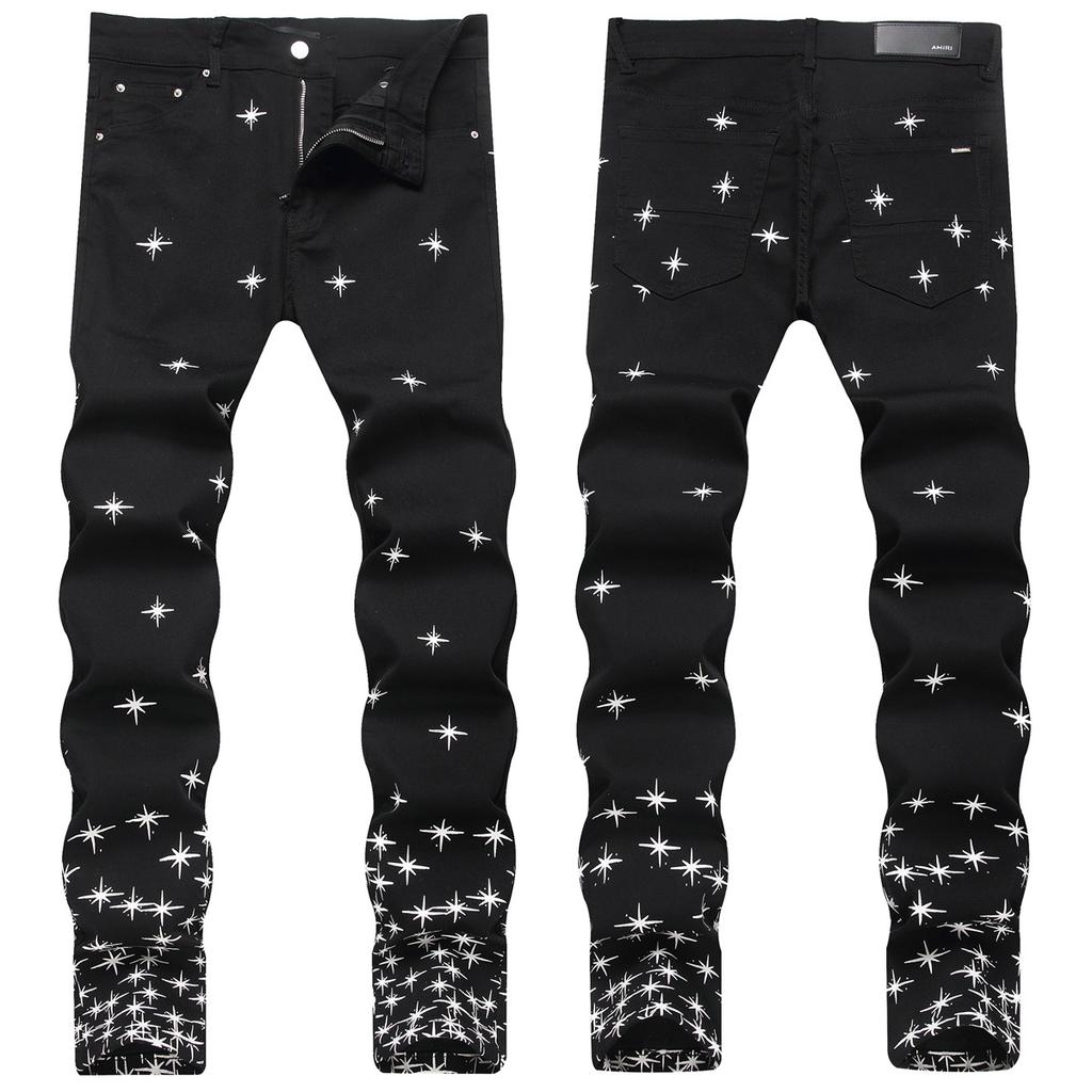 Four Seasons Street Black Mid Waist Jeans Men's Embroidered Elastic Trendy Personalized Slimming Small Foot Denim Pants