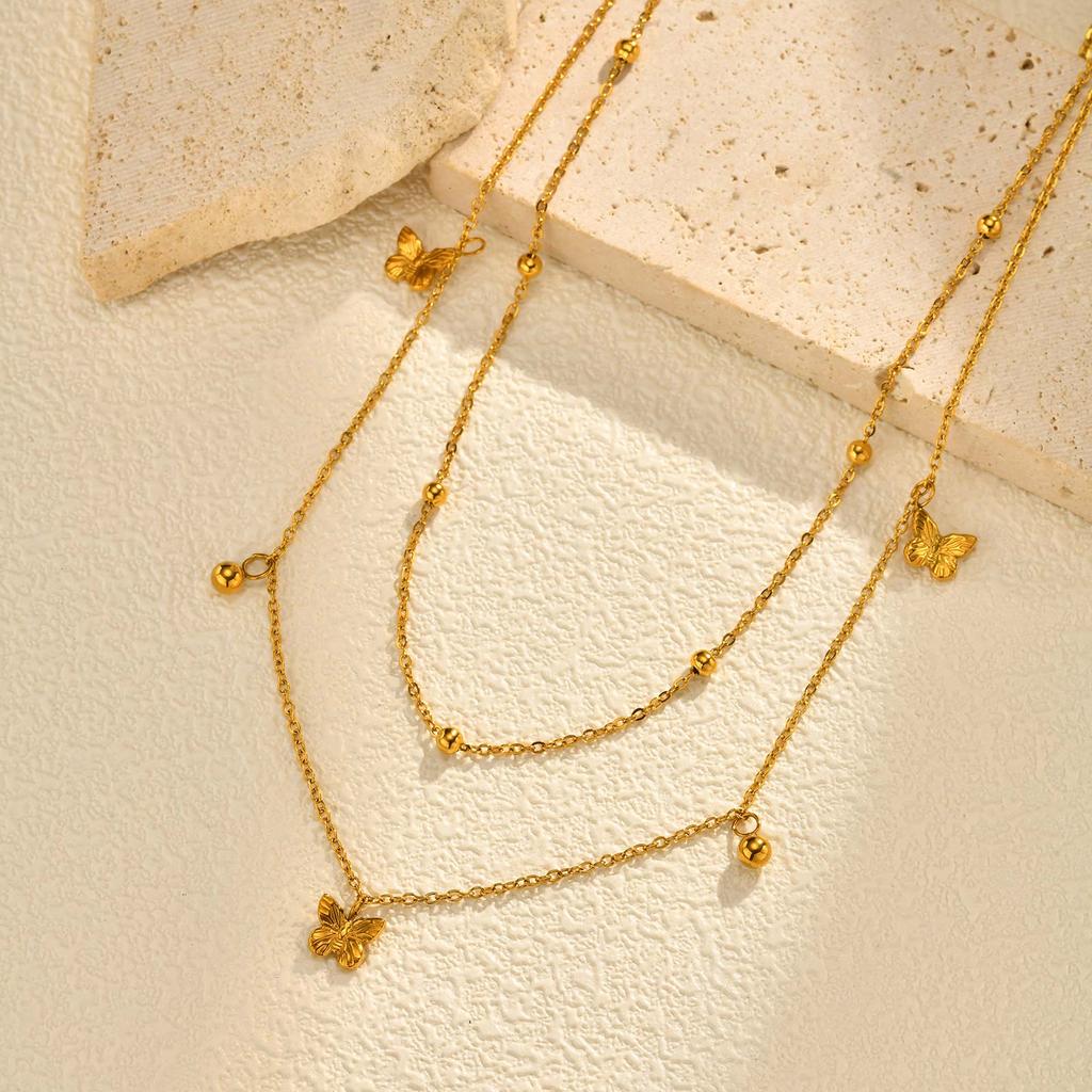 Stainless Steel Double Layer Stacked Necklace for Women,Gold Color Butterfly Bead Chain Necklaces,Trendy Jewelry Gift