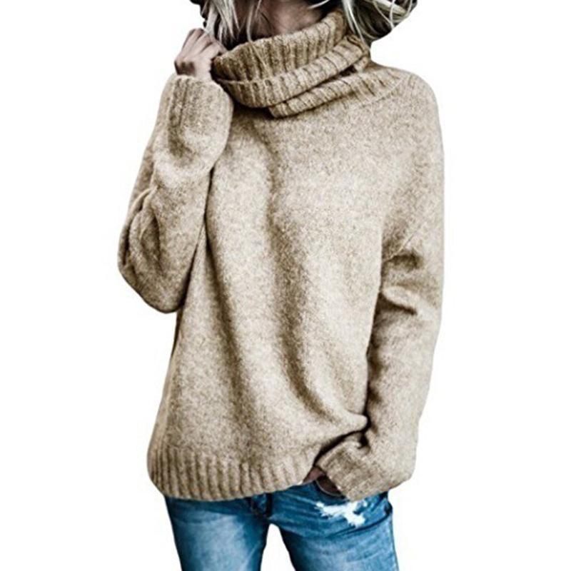 Dámský evropský a americký pletený svetr na podzim/zimu 2024 - Ležérní dlouhý rukáv, Vysoký krk, Jednobarevný