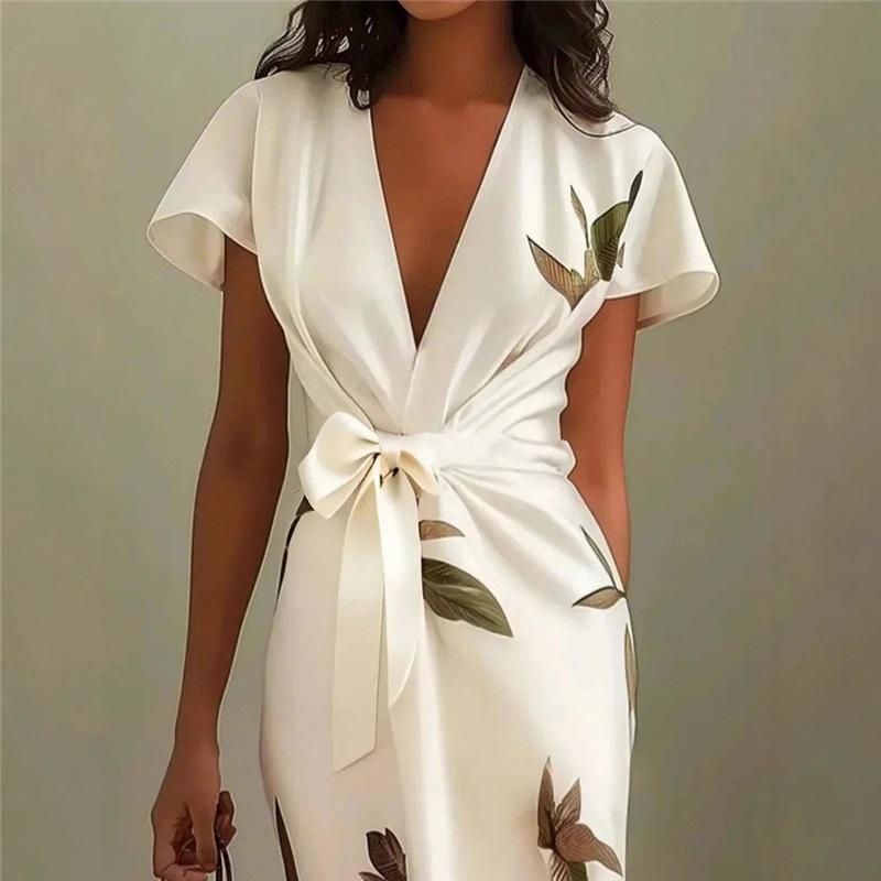 European And American Style Ladies Summer New Satin Printed Belted Dress Silky V-neck Cool Waist Slim Long Skirt