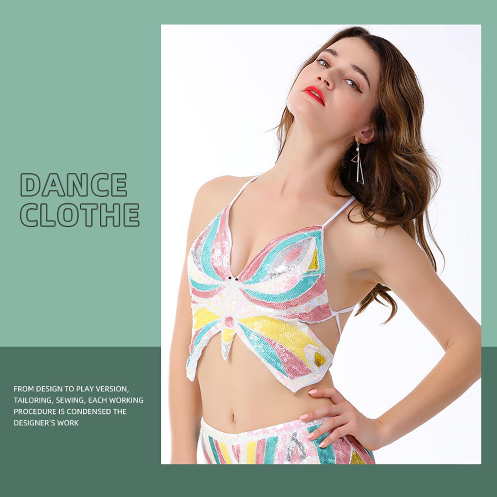 

Sequin Butterfly Crop Top Nightclub Belly Dance Costume Rave Bandage Tank Top білий