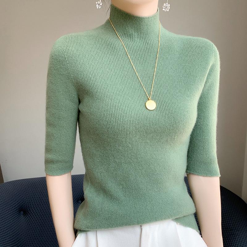 Women's Slim Fit Half-High Neck Five-Sleeve Base Layer Sweater for Spring and Autumn