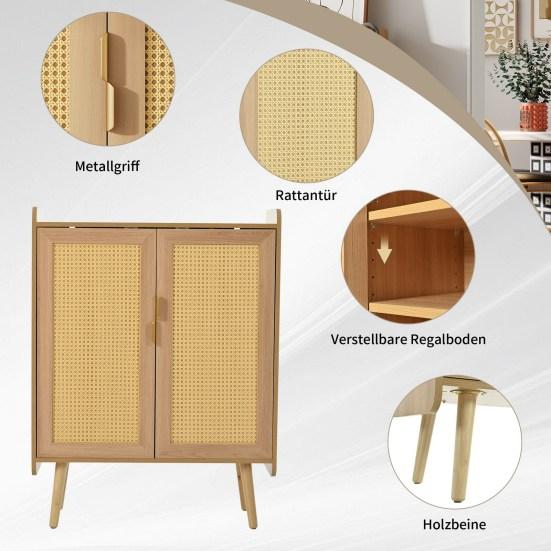 Shoe Cabinet with 2 Doors, Adjustable Shelves And Braided Rattan Design, Shoe Cabinet with Metal Handles and Solid Wood Feet