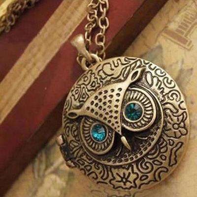 Kadın Vintage Mavi Rhinestone Göz Baykuş Madalyon Kolye Uzun Zincir Kolye