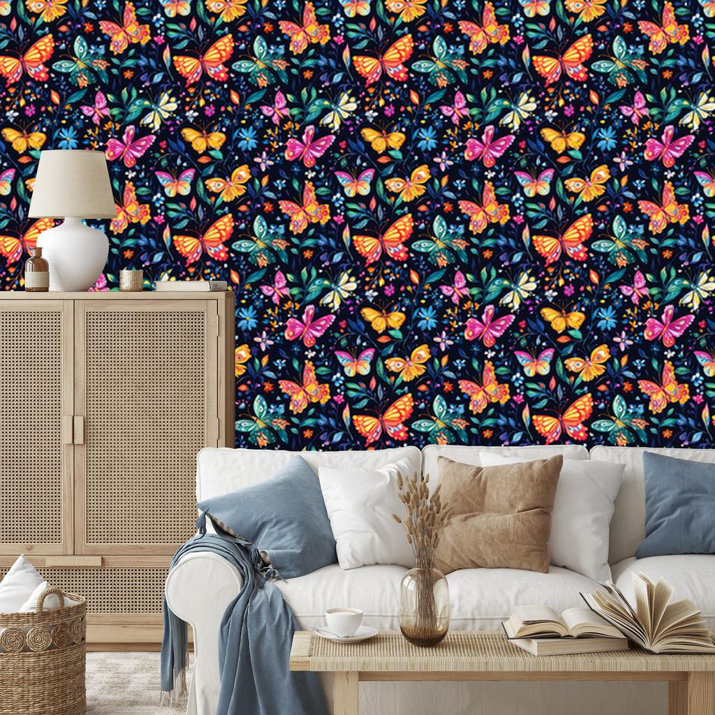 Wallpaper Colorful Butterflies Navy Blue, Turquoise and Black 50x1000