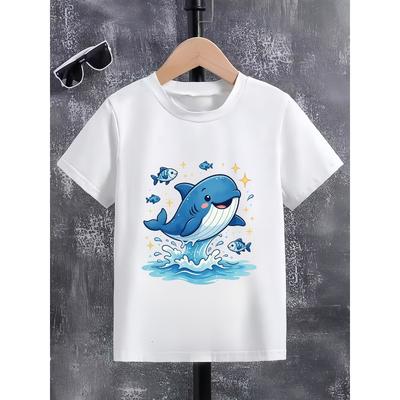 Kids Crewneck T-Shirt, Happy Little Whale Print Soft Breathable Sweat Wicking Short Sleeve Casual Tee