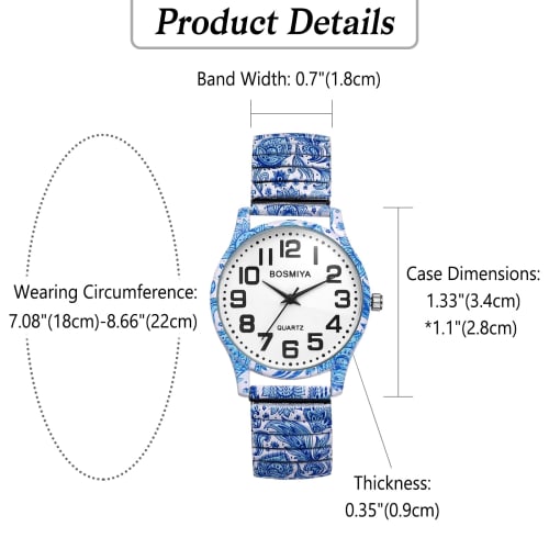 Bohemia Elastic Strap Watch: Easy-to-Read Arabic Numerals, Analog Quartz Movement, Waterproof, Stylish, Unisex, Floral Print, Elastic Strap, Blue 1