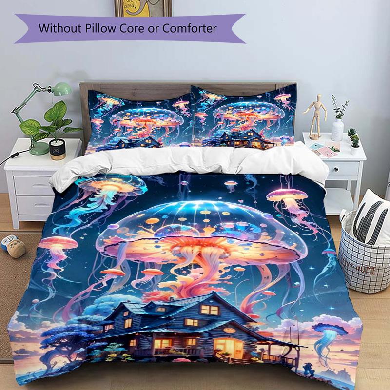 3pcs Anime Jellyfish Bedding Set - Includes One Quilt Cover and Two Pillowcases (No Core) - Perfect for Bedroom and Guest Room Decoration, F