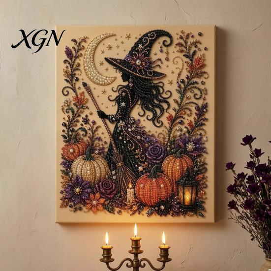 Handgemachtes Geschenk für Bastelfreunde 2 Stück Halloween Kunst mit Kunstperlen, Geisterkürbis Hexe Krähe Malerei DIY Funkelndes Perlen-Set Kit, 3D Totenkopf