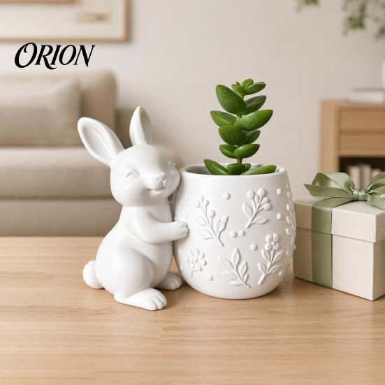 Maceta Verde Pequeña Conejo Abrazando Suculentas Impresa en 3D, Flor de Conejo Linda con Cuerpo Floral Compacto en Relieve, Decoración de Escritorio Mini para