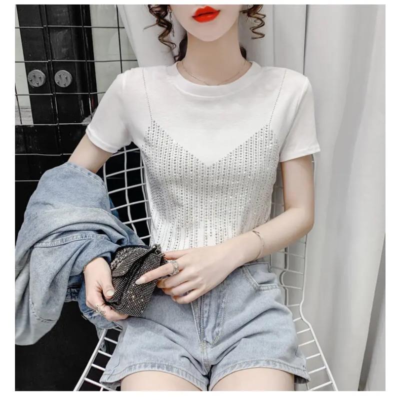 Diamond Short Sleeve T Shirt Female Slim Fit Fake Two Shiny Round Neck Top Summer Casual Aesthetic Y2k Tee Korean Kawaii Clothes