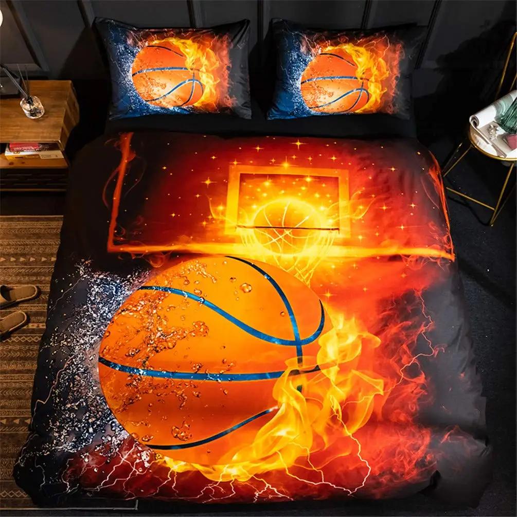 3D Basketbal Soft Duvet Cover King for Ten Young Boys Children Kids Fire Water Sports Beding Set Microfiber Bal Game Comfortable Quilt Cover featuring