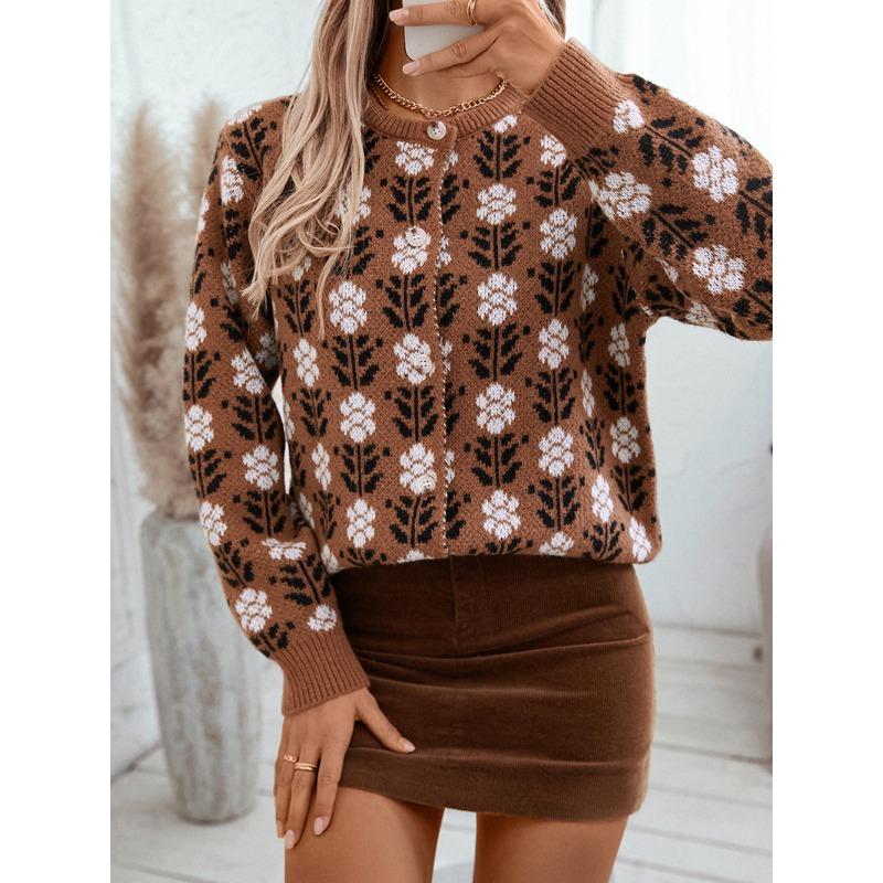 Women's Sweater Fall/winter Amazon Retro Casual Floral Knitted Cardigan