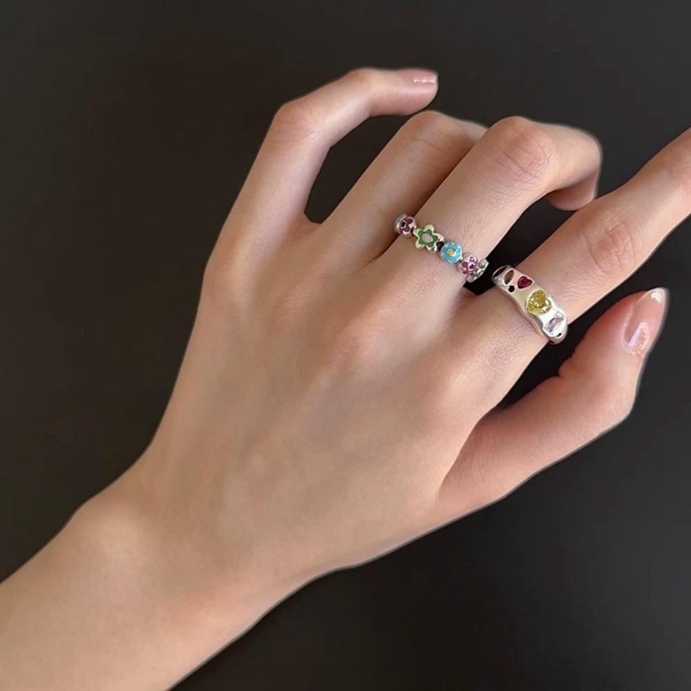 Korean colored flower dripping oil special-shaped love diamond sparkling gemstone ring opening adjustable personalized ring