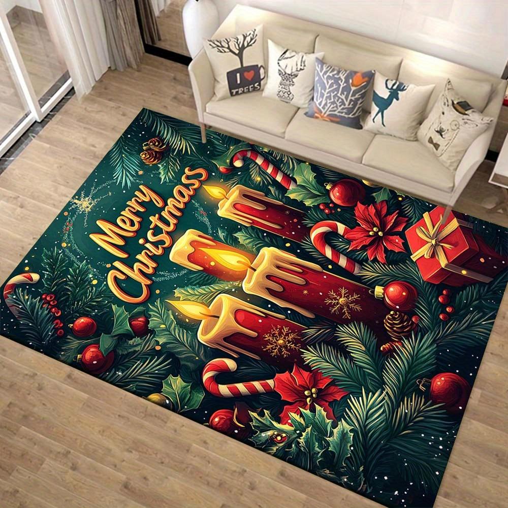 1pc Christmas Themed Rug, Merry Christmas Candles Candies and Gifts Print, Bedside Carpet, Non slip Laundry Room Mat, Machine Washable Water