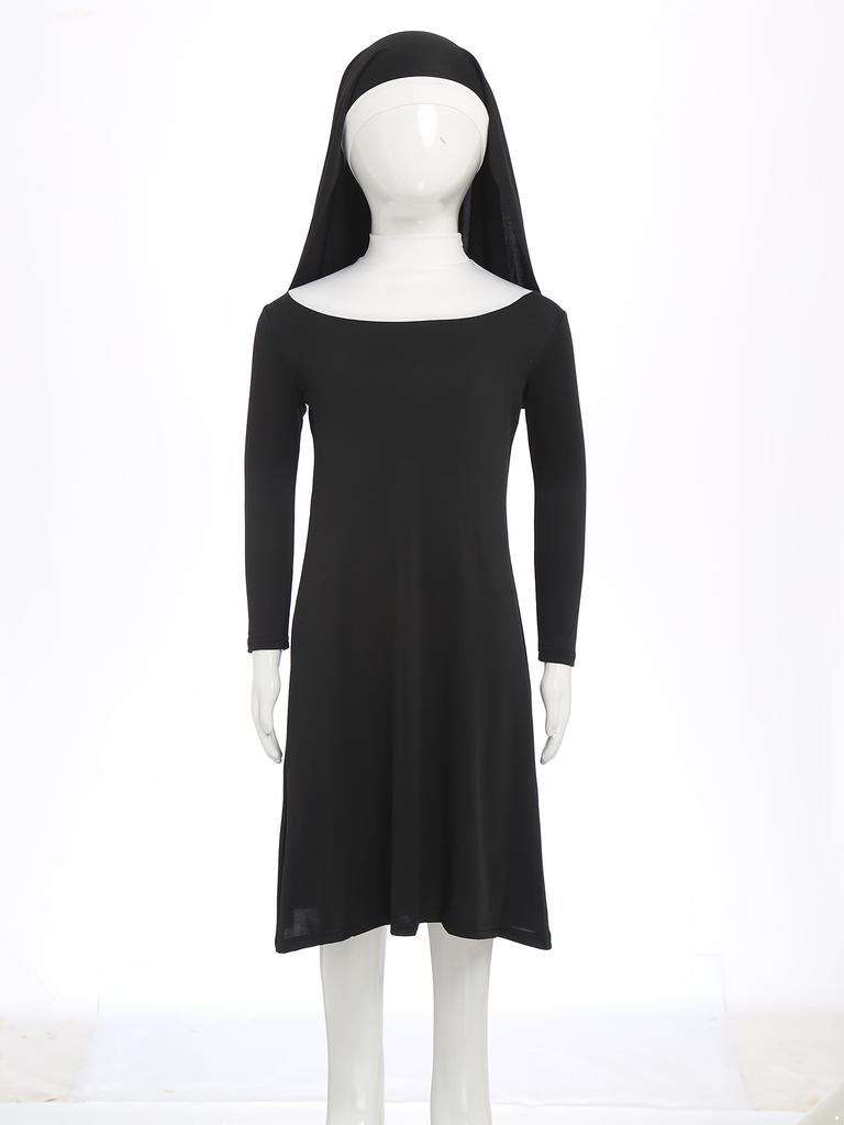 Girls Nun Halloween Costume Long Sleeve Contrast Color Stretch Dress Matching Nun Hat Accessory Set