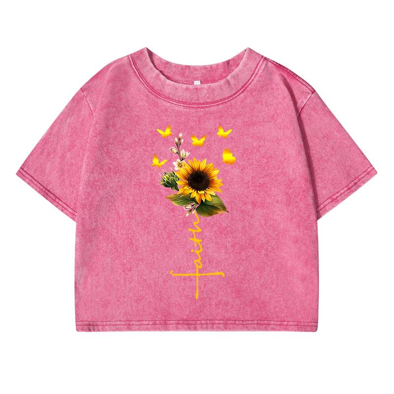 Sunflower Butterfly Beautifulprinting Female Washed Short T Shirts Breathable Street Clothes Fashion Distress Tshirts