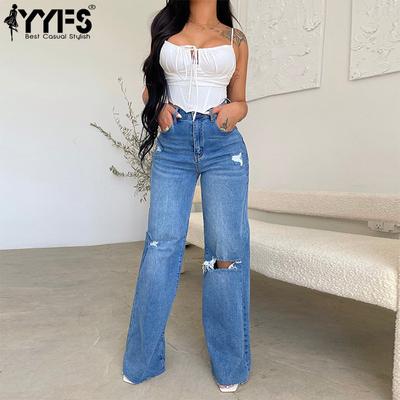 Mode femme déchiré Denim décontracté couleur unie imprimé taille haute pantalon pantalon et corsaire pantalon décontracté