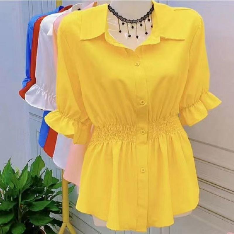 Summer Polo-neck Solid Color Elegant Fashion Waist Shirt Women Short Sleeve Shirring Blouse Female Cardigan Top