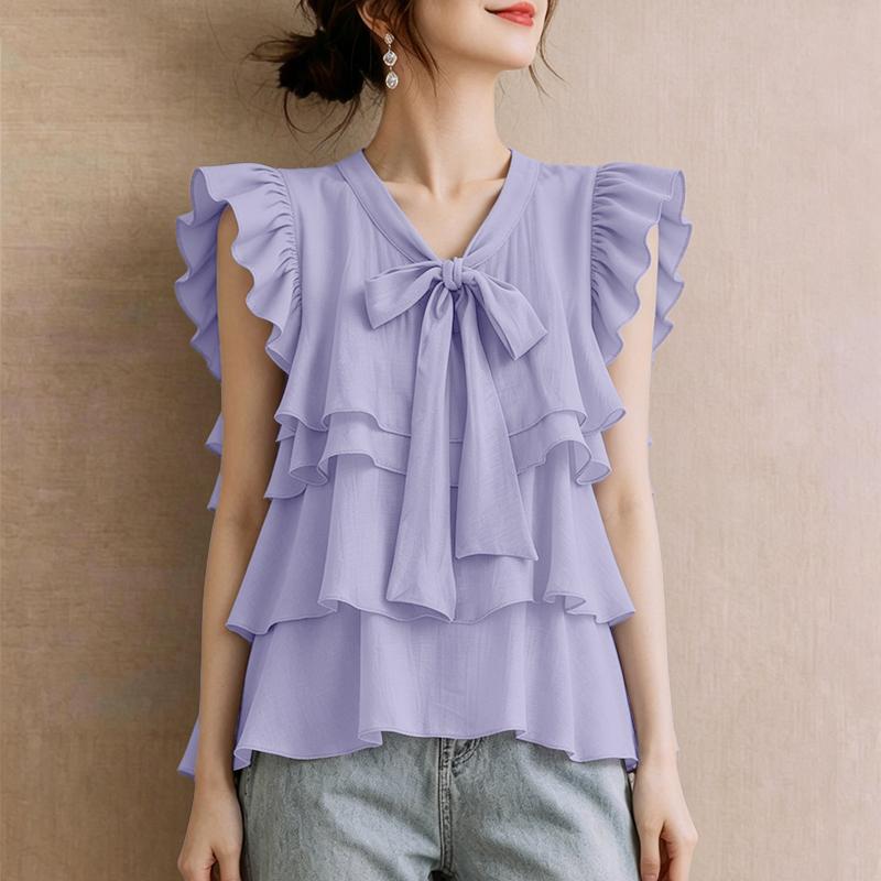 ZANZEA Women Elegant V-Neck Solid Color Loose Short Sleeve Ruffles Blouse M фиолетовый
