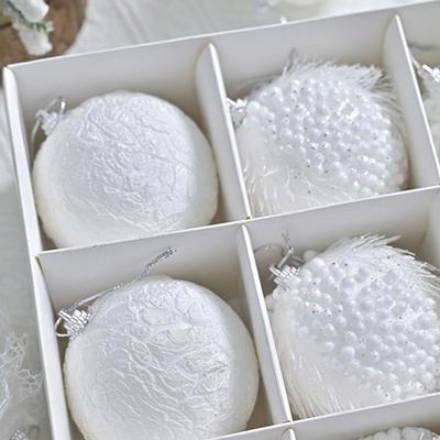 A Box Of 12 White Ins Style Lace Glitter Foam 8cm Christmas Ball Decoration Pendant Christmas Atmosphere Pendant Gift Box
