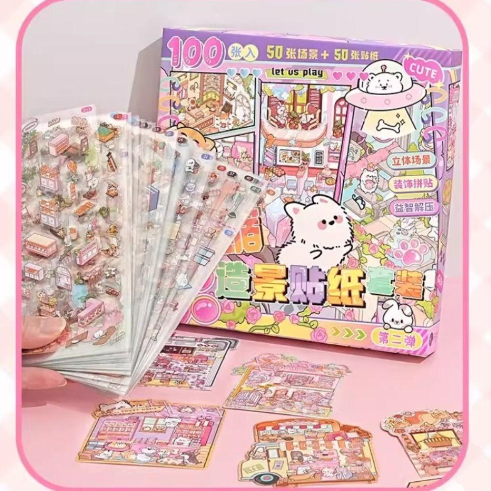 50 In 1 Miniature Scene Landscape Stickers Diy Pet 3D House Stickers Scene Collection Visual Stacking Cartoon