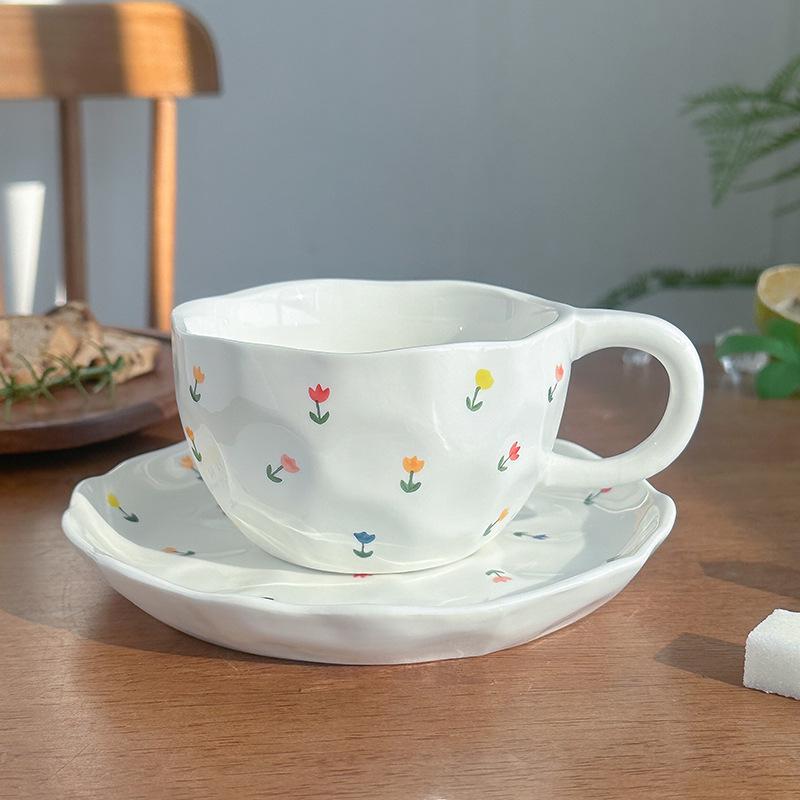 Korean Style Hand-Pinched Floral Ceramic Coffee Cup & Saucer Set - Hand-Painted Design, Perfect for Afternoon Tea