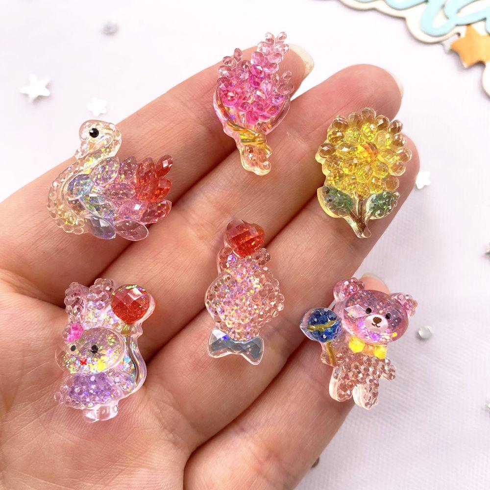 10PCS Resin Colorful Glitter Cartoon Crystal Balloon Bear Rabbit Swan Heart Flower Figurine Flat Back Scrapbook DIY Crafts Decor