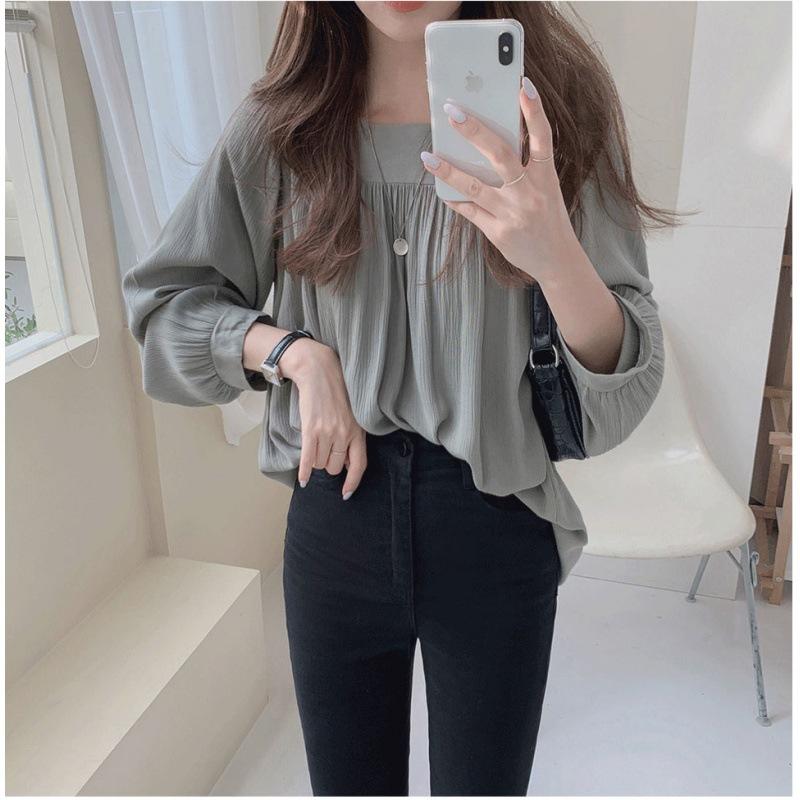 Spring and summer pullover gray long-sleeved cotton other sources temperament commuter lantern sleeves solid color round neck chiffon shirt